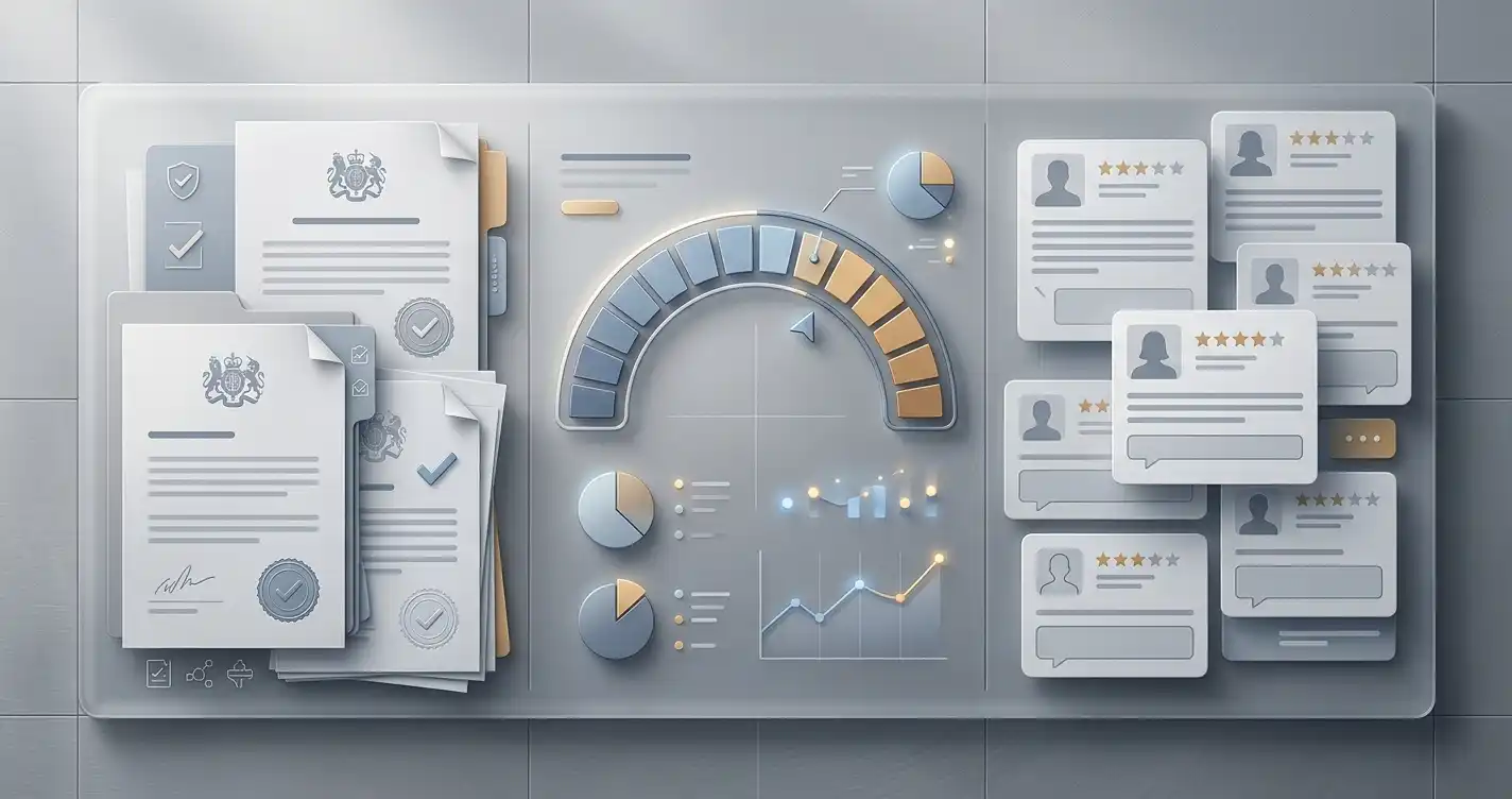 Illustration of separate reputation evidence panels for regulation, expert review metrics and player reports