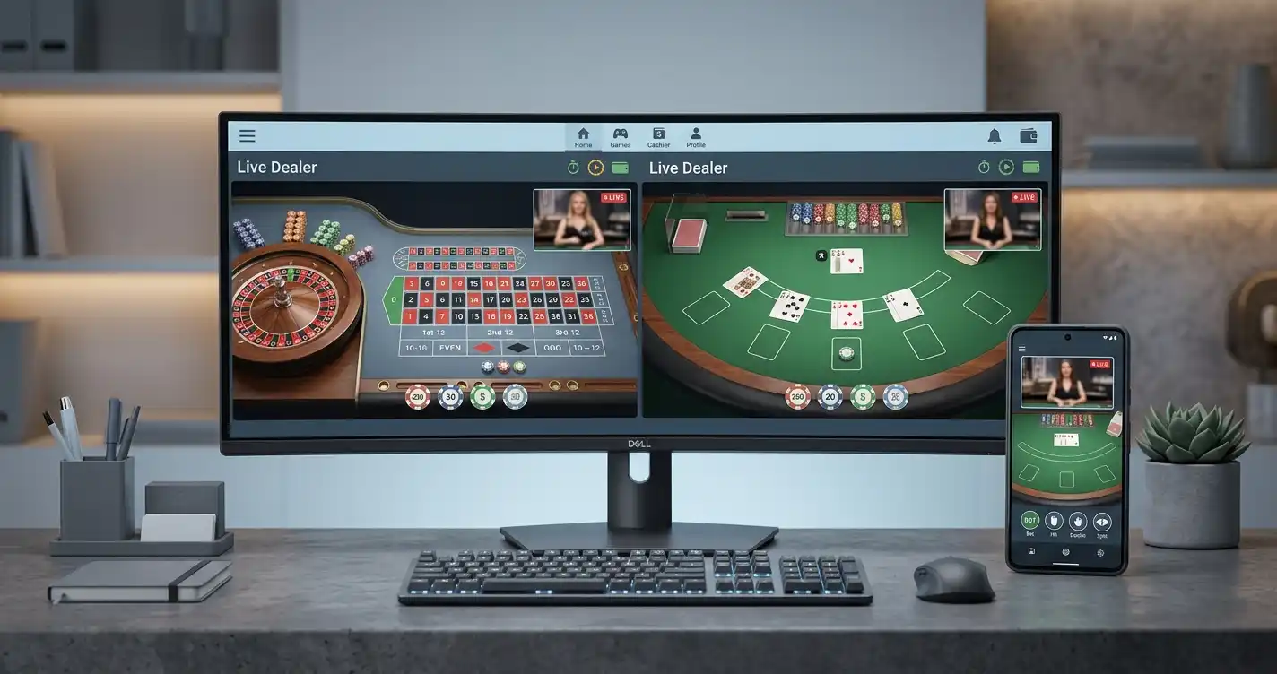 Editorial illustration of live roulette and blackjack viewed on desktop and mobile screens