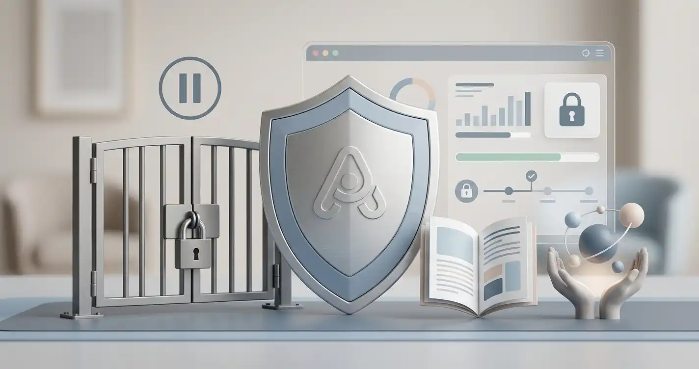 Neutral self-exclusion safety illustration with shield, pause and support symbols